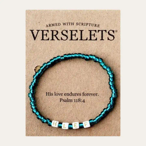 One letter for each word in the verse…on a bracelet! Verselets® help with scripture memorization and remind us of God’s unchanging, everlasting love. This Verselet® reflects the eternal nature of God’s love: “His love endures forever.” (Psalm 118:4) and includes a corresponding Memory Card.