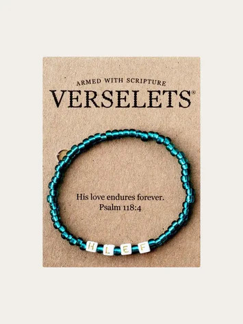 One letter for each word in the verse…on a bracelet! Verselets® help with scripture memorization and remind us of God’s unchanging, everlasting love. This Verselet® reflects the eternal nature of God’s love: “His love endures forever.” (Psalm 118:4) and includes a corresponding Memory Card.