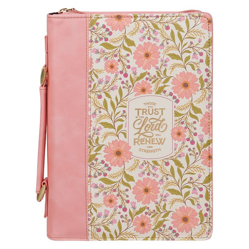 A pink faux leather slip pocket adds functionality to the back cover. This pocket is heat-debossed with the same floral design as the front. The same pink faux leather is used for the lay-flat handle that is attached with shiny gold metal handle hardware. There is a round, cross-engraved metal zipper pull that securely closes the cover, which features a pink wrap-around zipper.  Inside the Bible case, two elastic pen loops hold your favorite pens or highlighters so you're always ready to jot down reflections, and two satin ribbon markers are attached to the spine so you can easily mark multiple pages in your Bible.