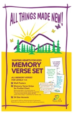 3 memory verses for levels 1-4. Set includes 3 wall posters, memory verse strips for pocket chart and 12 accents. This resource will encourage students to understand and learn their memory verses. Each series has only 3 carefully-chosen verses. They are central to the theme and deserve special attention. If your class has 5 students, you will need 15 accents for that class – please order an “Add-on Accent page”. The next time your church uses this series, you will just need to order the accents.