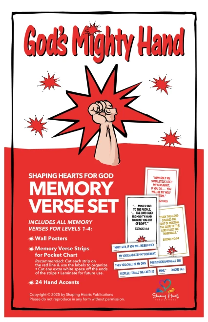 3 memory verses for levels 1-4. Set includes 3 wall posters, memory verse strips for pocket chart and 12 accents. This resource will encourage students to understand and learn their memory verses. Each series has only 3 carefully-chosen verses. They are central to the theme and deserve special attention. If your class has 5 students, you will need 15 accents for that class – please order an “Add-on Accent page”. The next time your church uses this series, you will just need to order the accents.