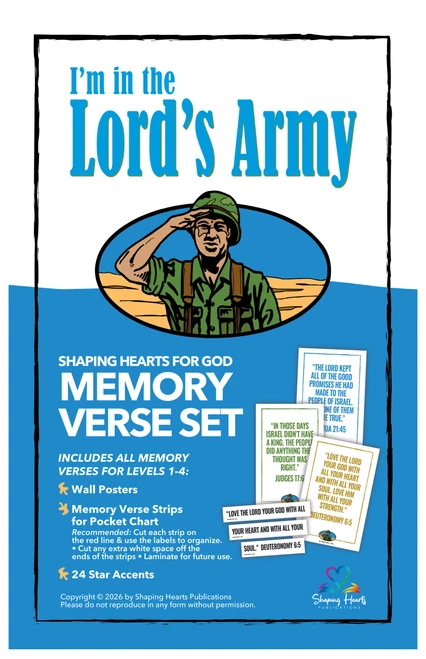 3 memory verses for levels 1-4. Set includes 3 wall posters, memory verse strips for pocket chart and 12 accents. This resource will encourage students to understand and learn their memory verses. Each series has only 3 carefully-chosen verses. They are central to the theme and deserve special attention. If your class has 5 students, you will need 15 accents for that class – please order an “Add-on Accent page”. The next time your church uses this series, you will just need to order the accents.