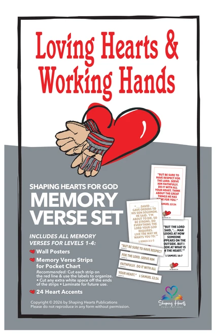 3 memory verses for levels 1-4. Set includes 3 wall posters, memory verse strips for pocket chart and 12 accents. This resource will encourage students to understand and learn their memory verses. Each series has only 3 carefully-chosen verses. They are central to the theme and deserve special attention. If your class has 5 students, you will need 15 accents for that class – please order an “Add-on Accent page”. The next time your church uses this series, you will just need to order the accents.