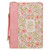 A pink faux leather slip pocket adds functionality to the back cover. This pocket is heat-debossed with the same floral design as the front. The same pink faux leather is used for the lay-flat handle that is attached with shiny gold metal handle hardware. There is a round, cross-engraved metal zipper pull that securely closes the cover, which features a pink wrap-around zipper.  Inside the Bible case, two elastic pen loops hold your favorite pens or highlighters so you're always ready to jot down reflections, and two satin ribbon markers are attached to the spine so you can easily mark multiple pages in your Bible.