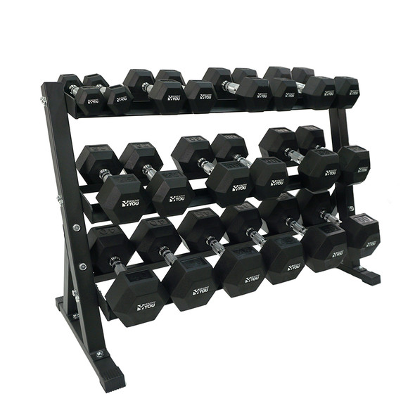 Healthy You Rubber Hex Chrome Dumbbell Complete Package Set 2 Each Of 5-50 lbs With Rack