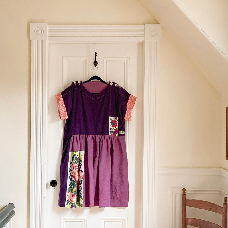 Patchwork Tablecloth Dress, S Purple Flowers Patchwork Tablecloth Dress, S Purple Flowers