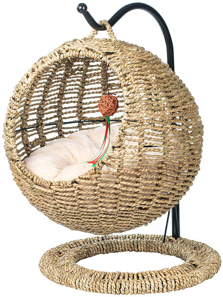 Wicker Cat Bed Basket Swinging Pet House Nest for Small Dog Cat