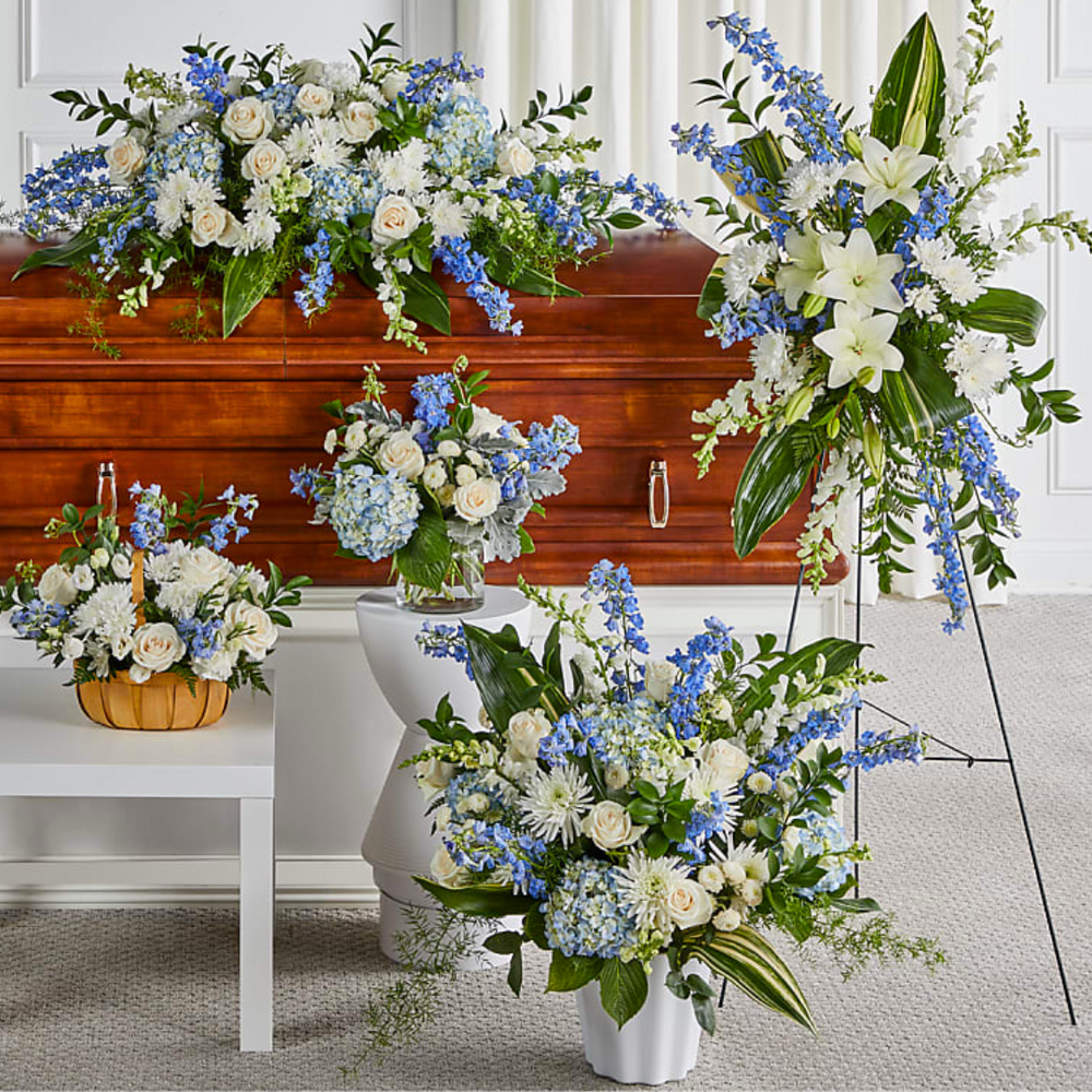 Blue & White Funeral Set — El Paso florist arrangement