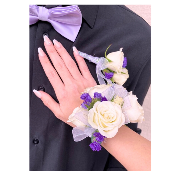 Wrist Corsage and Boutoniere with Spray Rose # 53 — El Paso florist arrangement