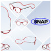 Collage View of Calabria SP04 Snap Magnetic Reading Glasses Crystal Red Front Connect Adjustable Temples Around Neck Hanging Readers