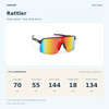 Coyote RATTLER Matte Black / Red Shift Mirror size guide: frame width 144 mm, lens height 55 mm, lens width 70 mm, bridge width 18 mm, temple length 134 mm. Lens width is not the full shield width.