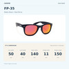 Coyote FP-35 Matte Black / Red Mirror size guide: frame width 140 mm, lens height 40 mm, lens width 50 mm, bridge width 11 mm, temple length 150 mm.
