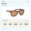 Coyote FP-35 Tortoise / Brown size guide: frame width 140 mm, lens height 40 mm, lens width 50 mm, bridge width 11 mm, temple length 150 mm.