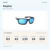 Coyote RAPTOR Black / Blue Mirror size guide: frame width 132 mm, lens height 41 mm, lens width 63 mm, bridge width 16 mm, temple length 124 mm.