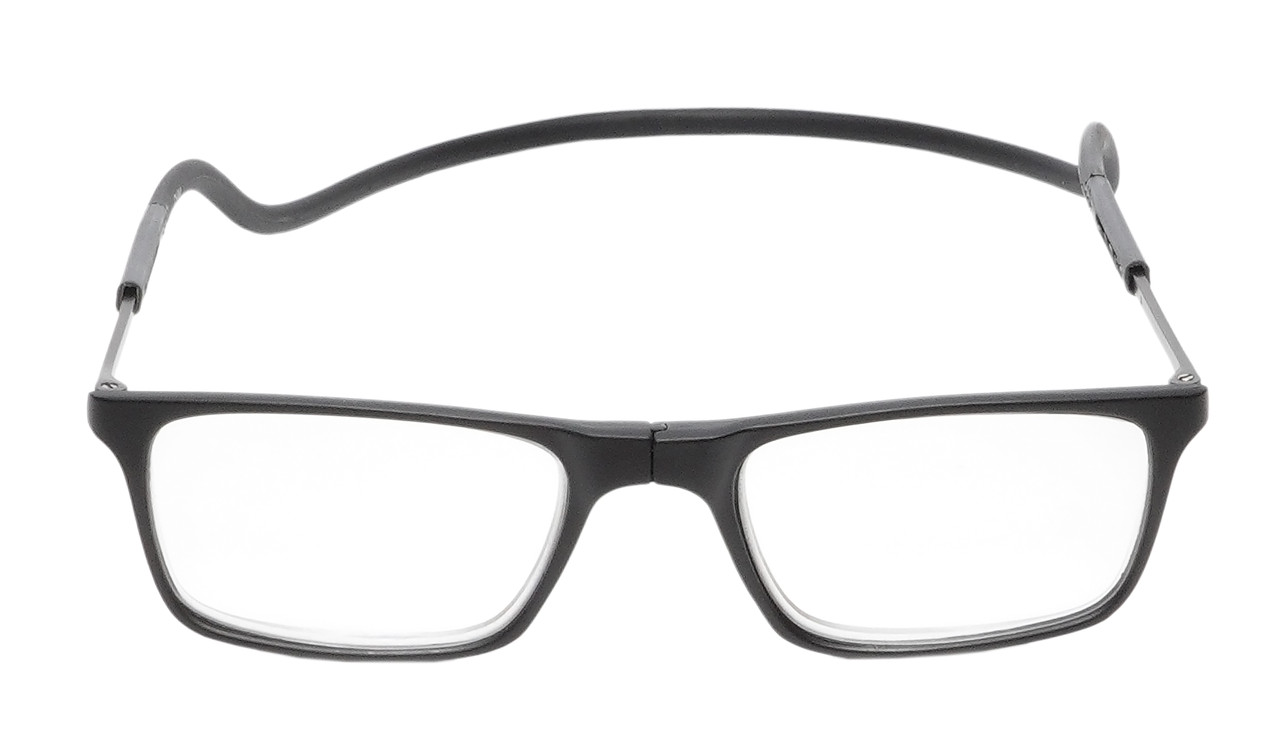 Front View of Calabria SP02 Snap Magnetic Reading Glasses Blue Light Black Men Women Adjustable Temples Around Neck Hanging Readers