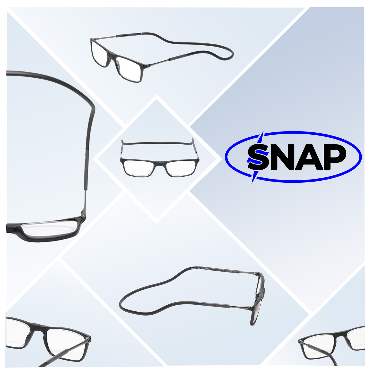 Collage View of Calabria SP02 Snap Magnetic Reading Glasses Blue Light Black Men Women Adjustable Temples Around Neck Hanging Readers
