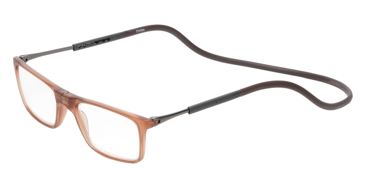 Profile View of Calabria SP02 Snap Magnetic Reading Glasses Blue Light Crystal Brown Adjustable Temples Around the Neck Hanging Readers