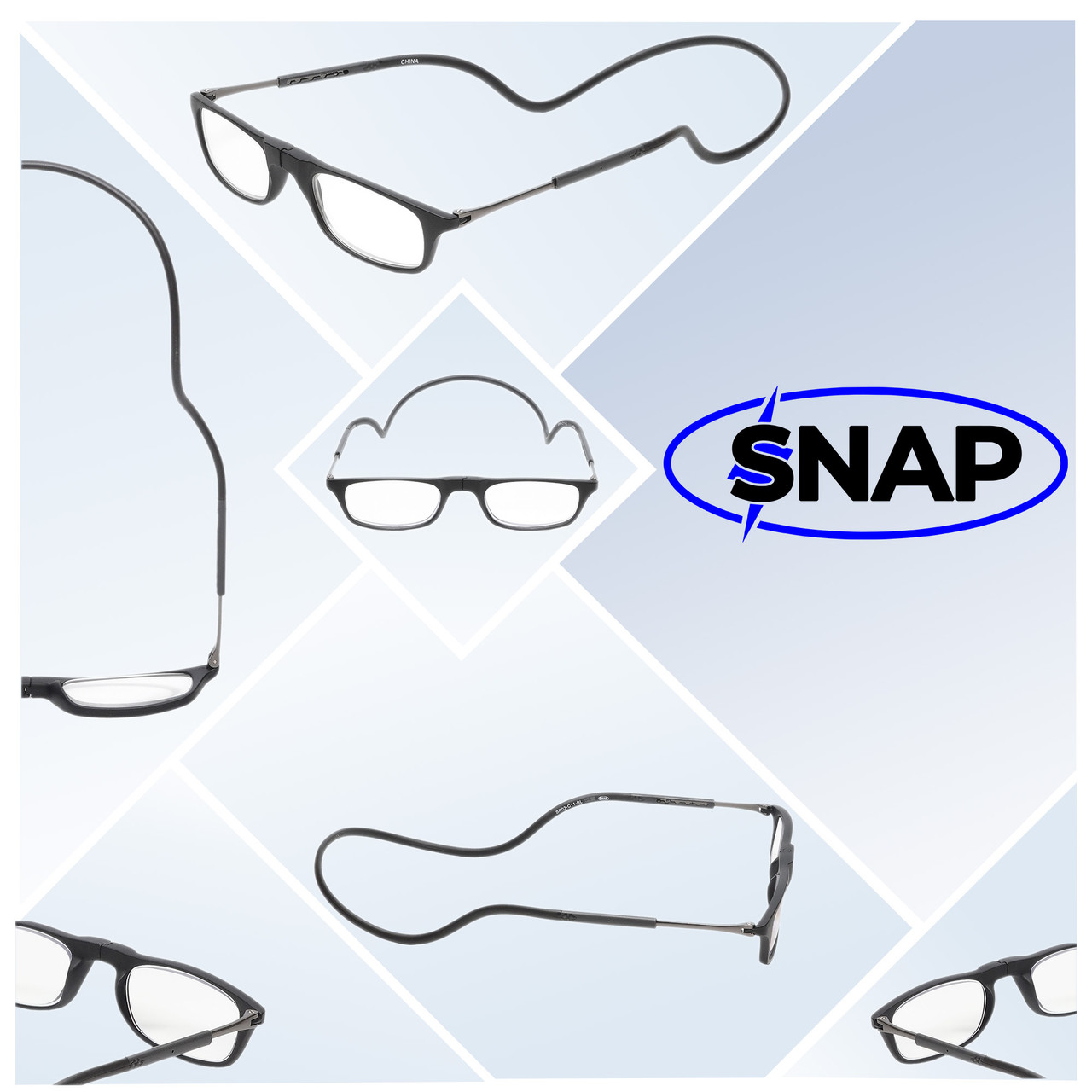 Collage View of Calabria SP03 Snap Magnetic Reading Glasses Black Front Connect Adjustable Temples Eyeglass Around Neck Hanging Readers