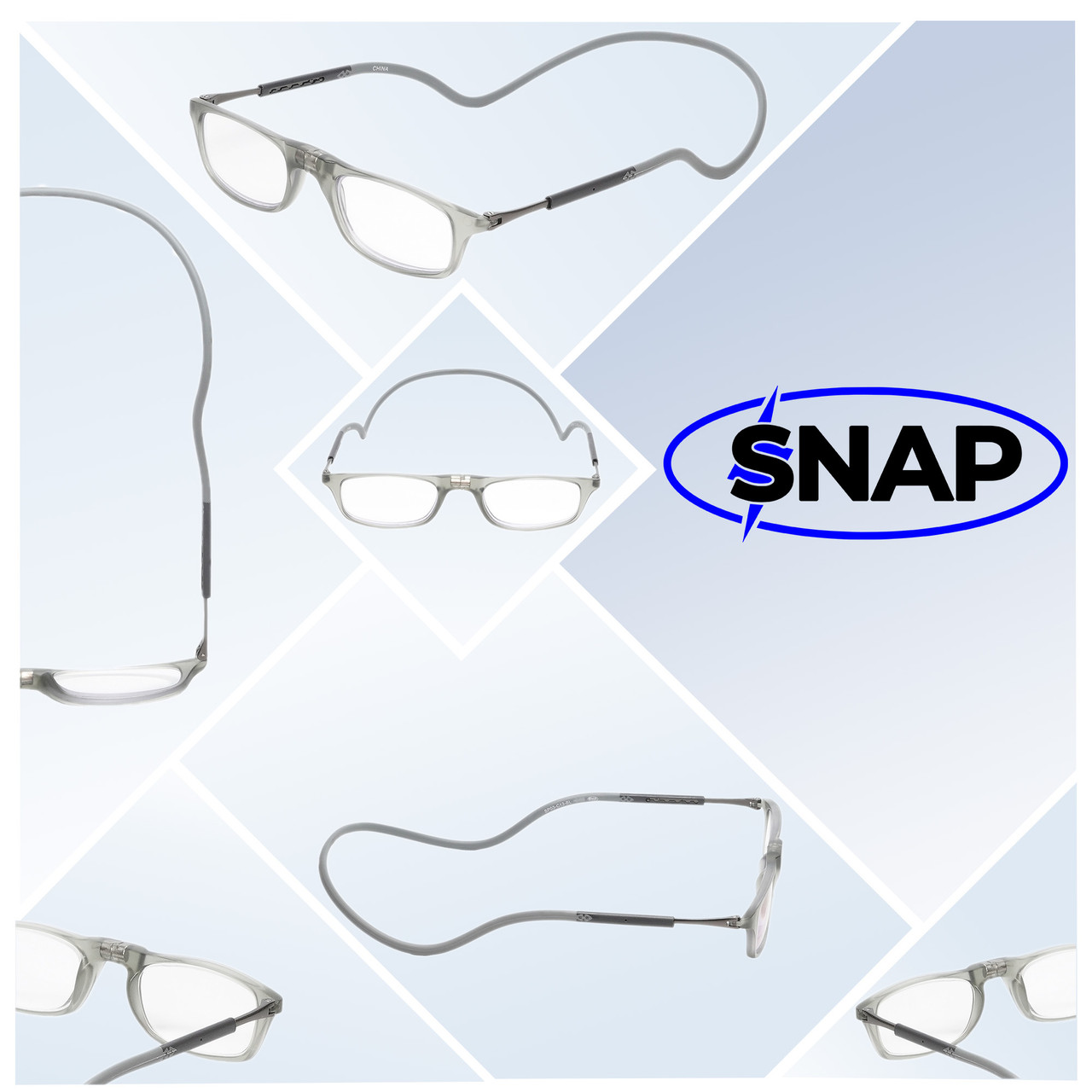 Collage View of Calabria SP03 Snap Magnetic Reading Glasses Crystal Grey Front Connect Adjustable Temples Around Neck Hanging Readers