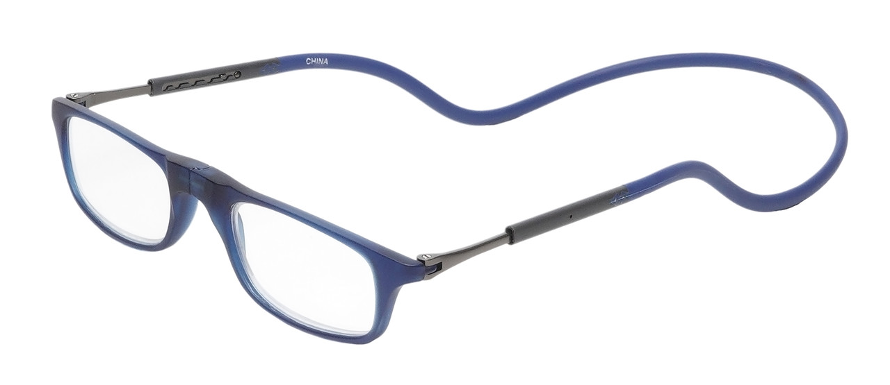 Profile View of Calabria SP03 Snap Magnetic Reading Glasses Crystal Blue Front Connect Adjustable Temples Around Neck Hanging Readers