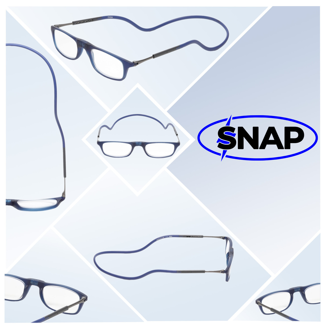 Collage View of Calabria SP03 Snap Magnetic Reading Glasses Blue Light Blocking Crystal Adjustable Temples Around Neck Hanging Readers