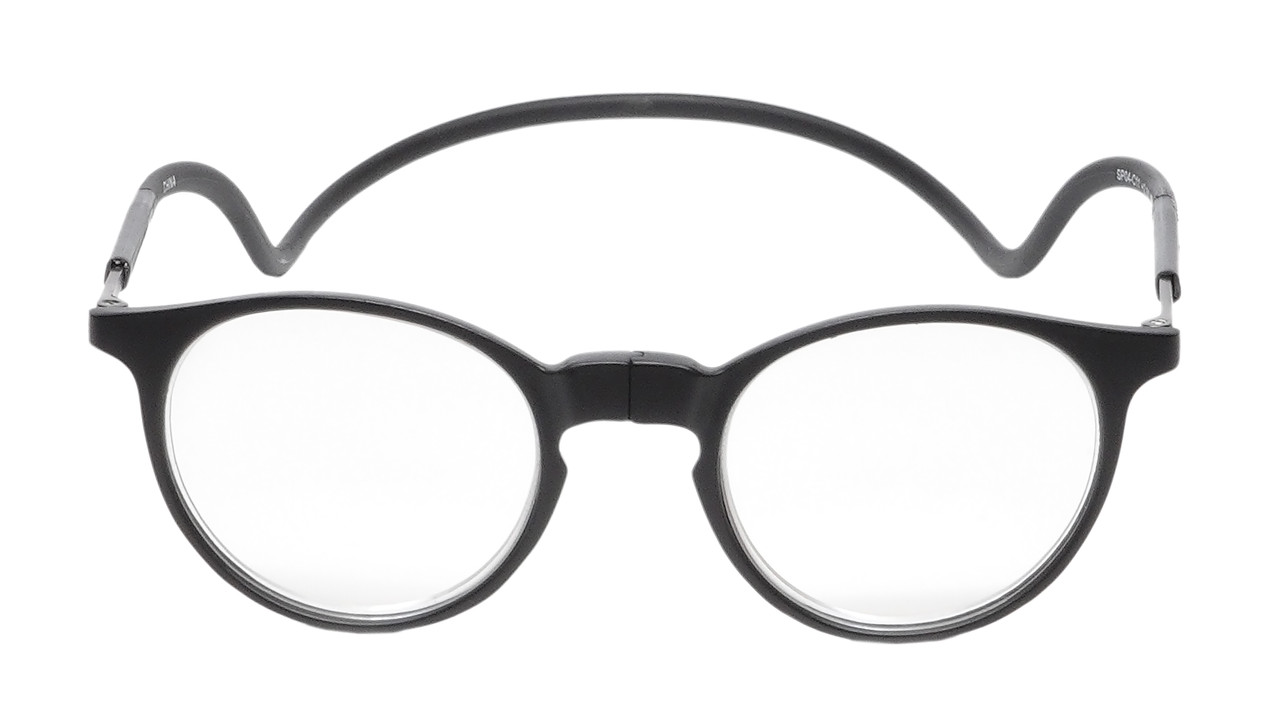 Front View of Calabria SP04 Snap Magnetic Reading Glasses Blue Light Black Men Women Adjustable Temples Around Neck Hanging Readers