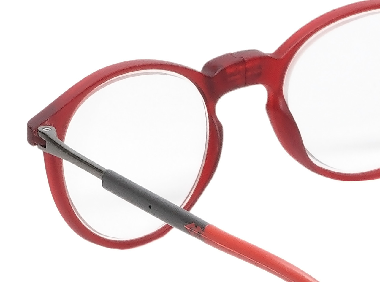 Close Up View of Calabria SP04 Snap Magnetic Reading Glasses Crystal Red Front Connect Adjustable Temples Around Neck Hanging Readers