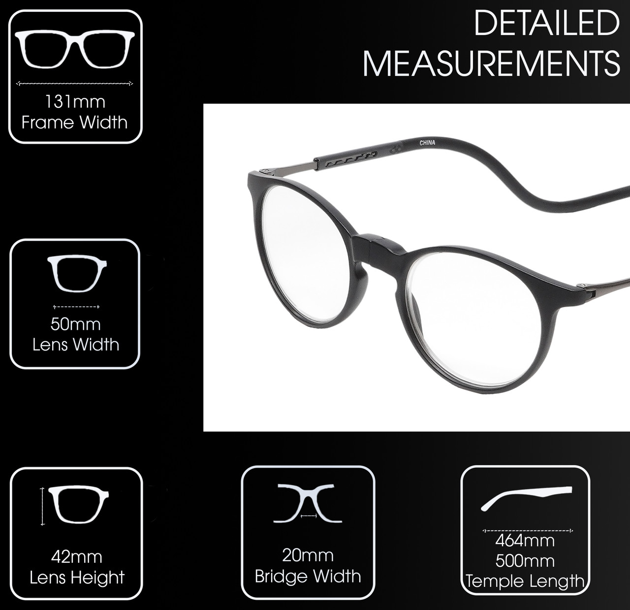 Frame Dimensions View of Calabria SP04 Snap Magnetic Reading Glasses Black Front Connect Adjustable Temples Eyeglass Around Neck Hanging Readers