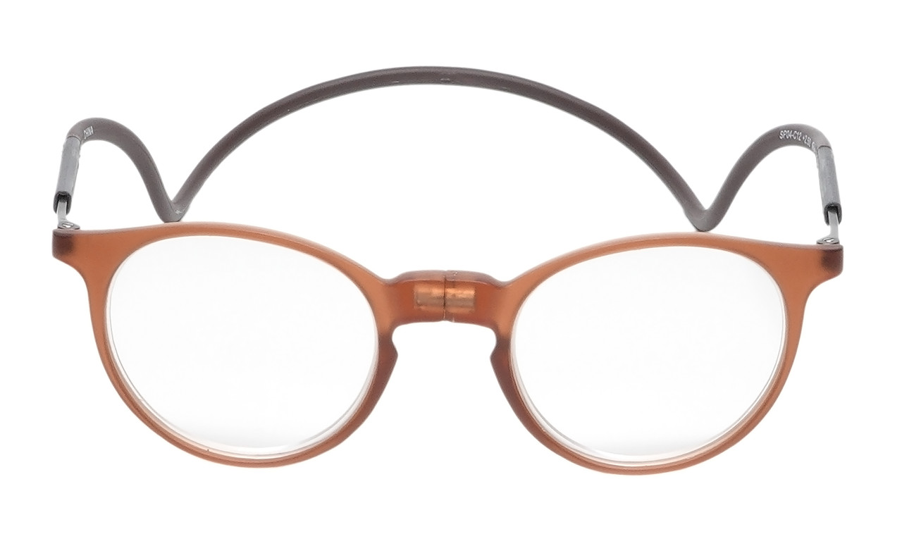 Front View of Calabria SP04 Snap Magnetic PROGRESSIVE LENS Blue Light Filter Reading Glasses Crystal Brown Adjustable Temples Eyeglass Around the Neck Hanging Readers