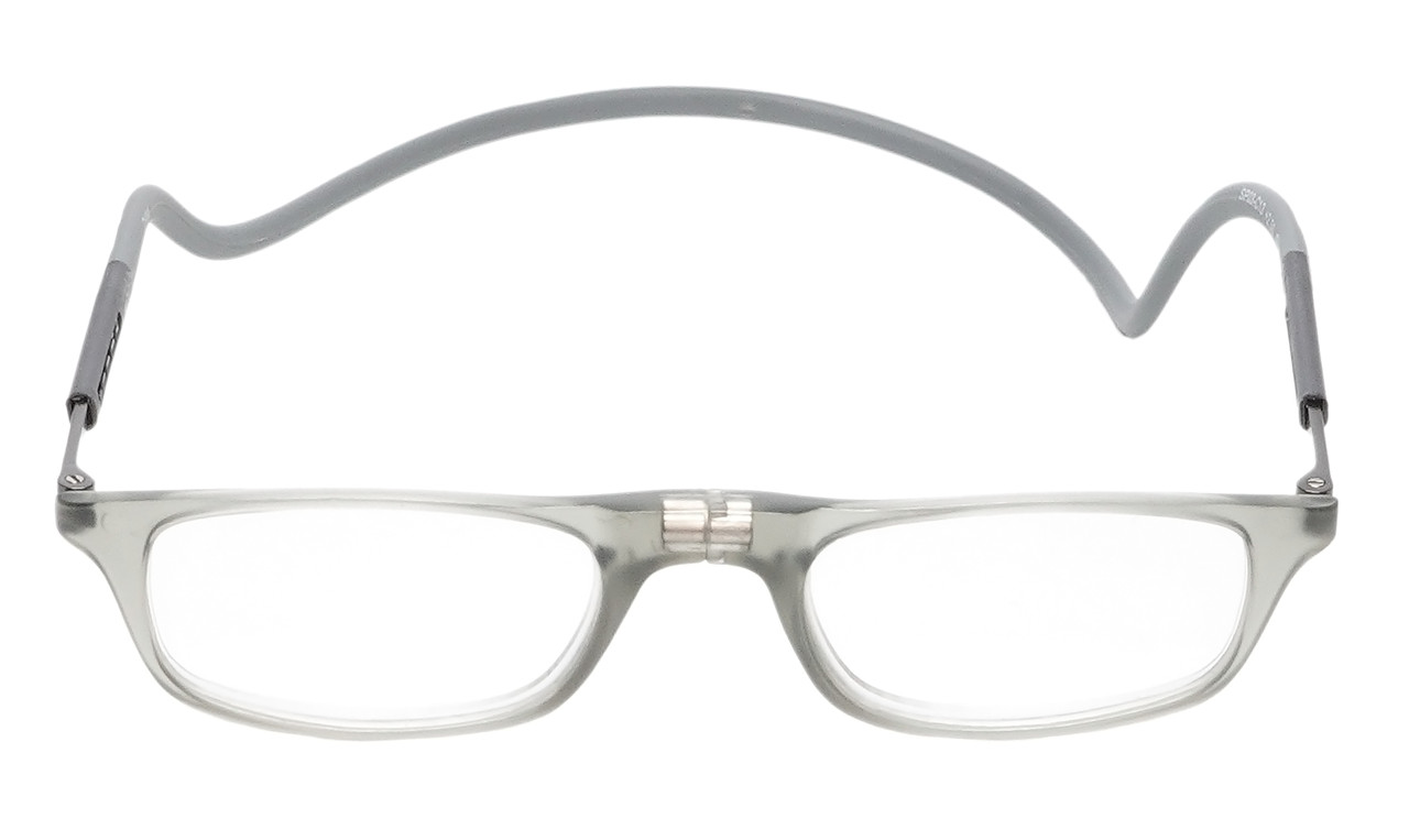 Front View of Calabria SP03 Snap Magnetic Reading Glasses Crystal Grey Front Connect Adjustable Temples Around Neck Hanging Readers