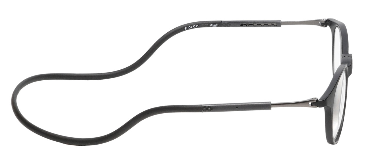 Side View of Calabria SP04 Snap Magnetic Reading Glasses Black Front Connect Adjustable Temples Eyeglass Around Neck Hanging Readers