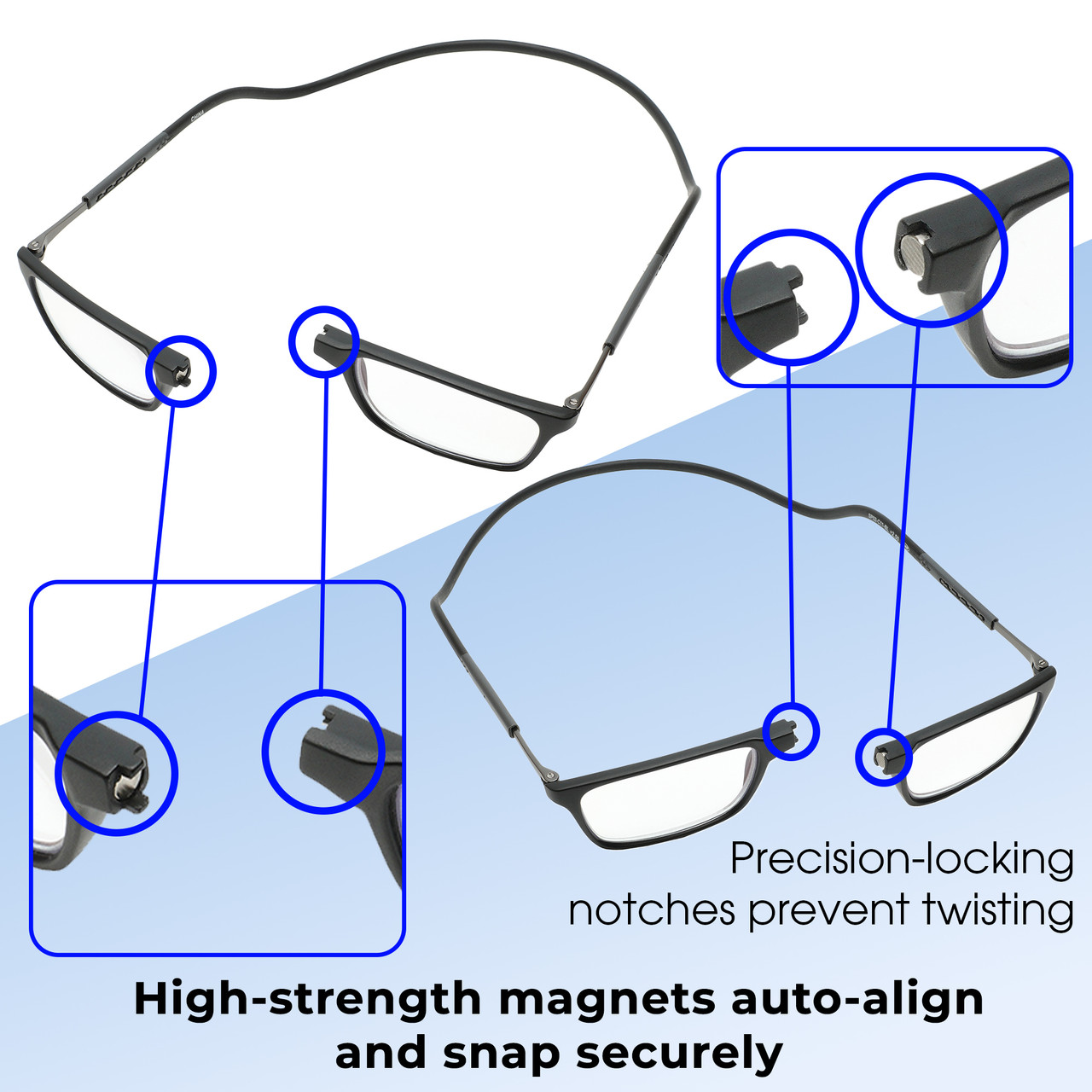 Functionality Illustration View of Calabria SP02 Snap Magnetic Reading Glasses Black Front Connect Adjustable Temples Eyeglass Around Neck Hanging Readers