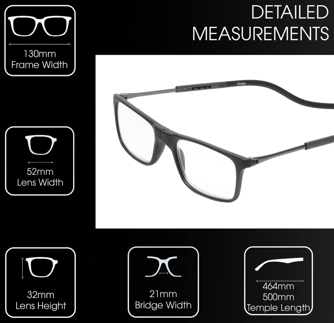 Frame Dimensions View of Calabria SP02 Snap Magnetic Reading Glasses Black Front Connect Adjustable Temples Eyeglass Around Neck Hanging Readers