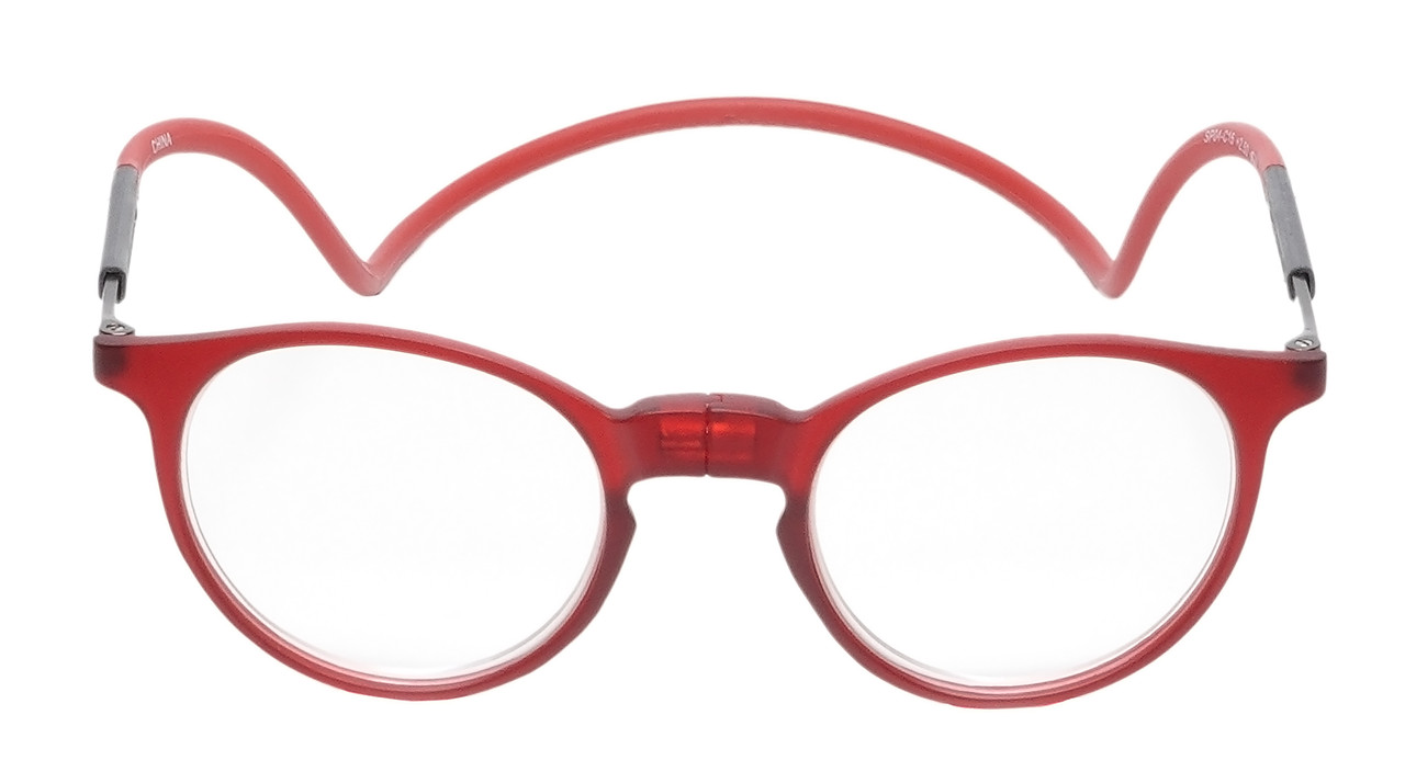 Front View of Calabria SP04 Snap Magnetic Reading Glasses Crystal Red Front Connect Adjustable Temples Around Neck Hanging Readers