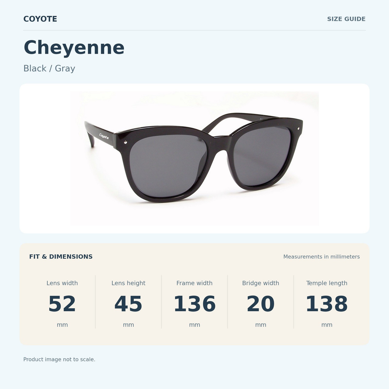 Coyote CHEYENNE Black / Gray size guide: frame width 136 mm, lens height 45 mm, lens width 52 mm, bridge width 20 mm, temple length 138 mm.