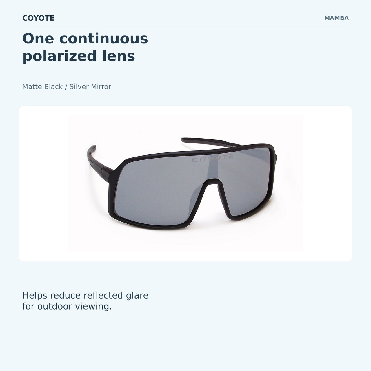 Coyote MAMBA Matte Black / Silver Mirror, polarized lens feature card.