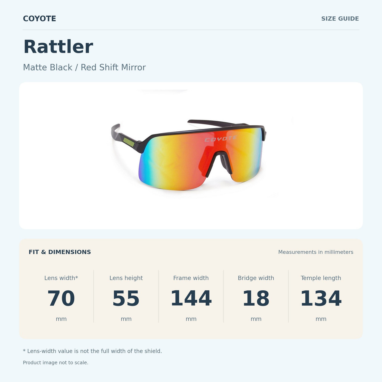 Coyote RATTLER Matte Black / Red Shift Mirror size guide: frame width 144 mm, lens height 55 mm, lens width 70 mm, bridge width 18 mm, temple length 134 mm. Lens width is not the full shield width.