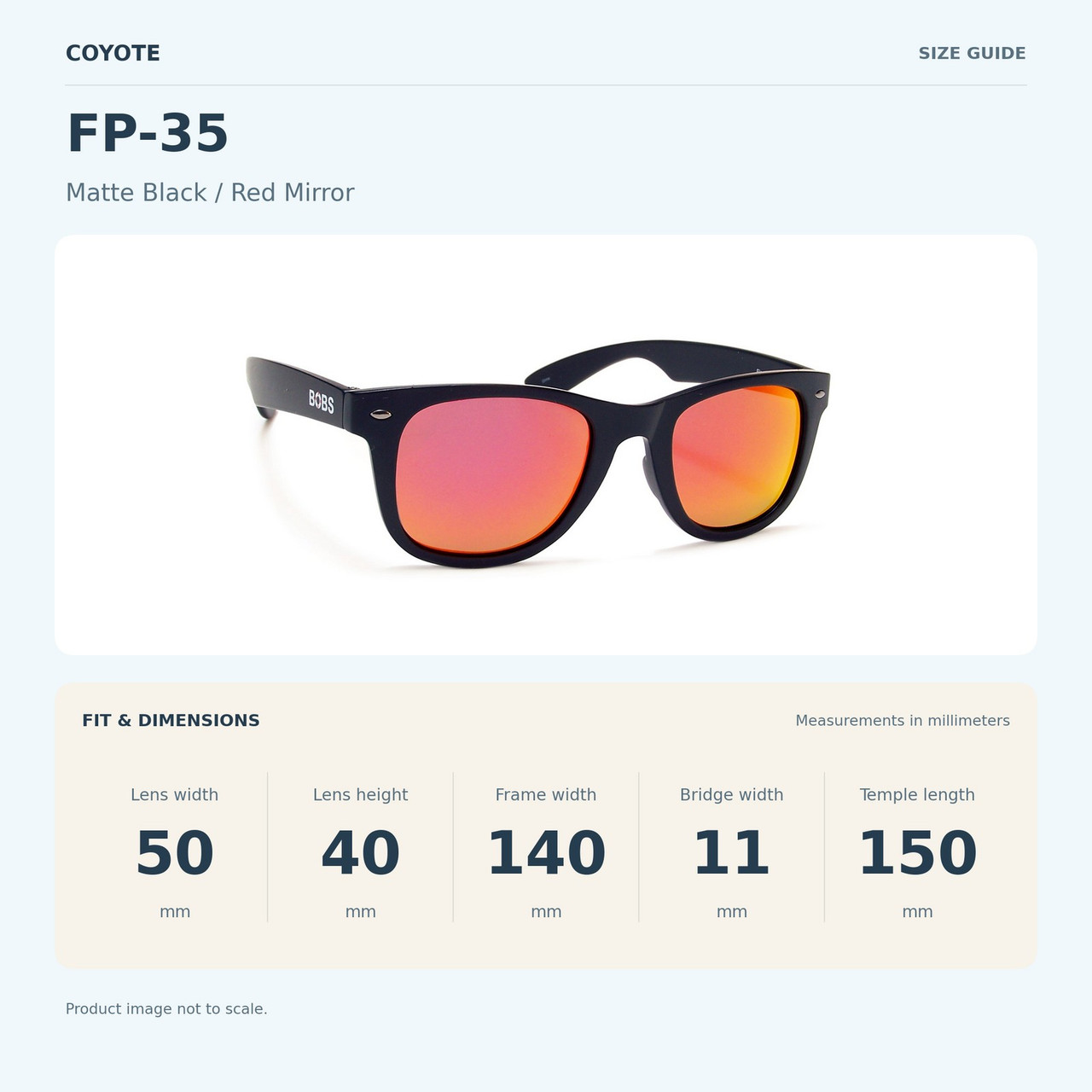 Coyote FP-35 Matte Black / Red Mirror size guide: frame width 140 mm, lens height 40 mm, lens width 50 mm, bridge width 11 mm, temple length 150 mm.