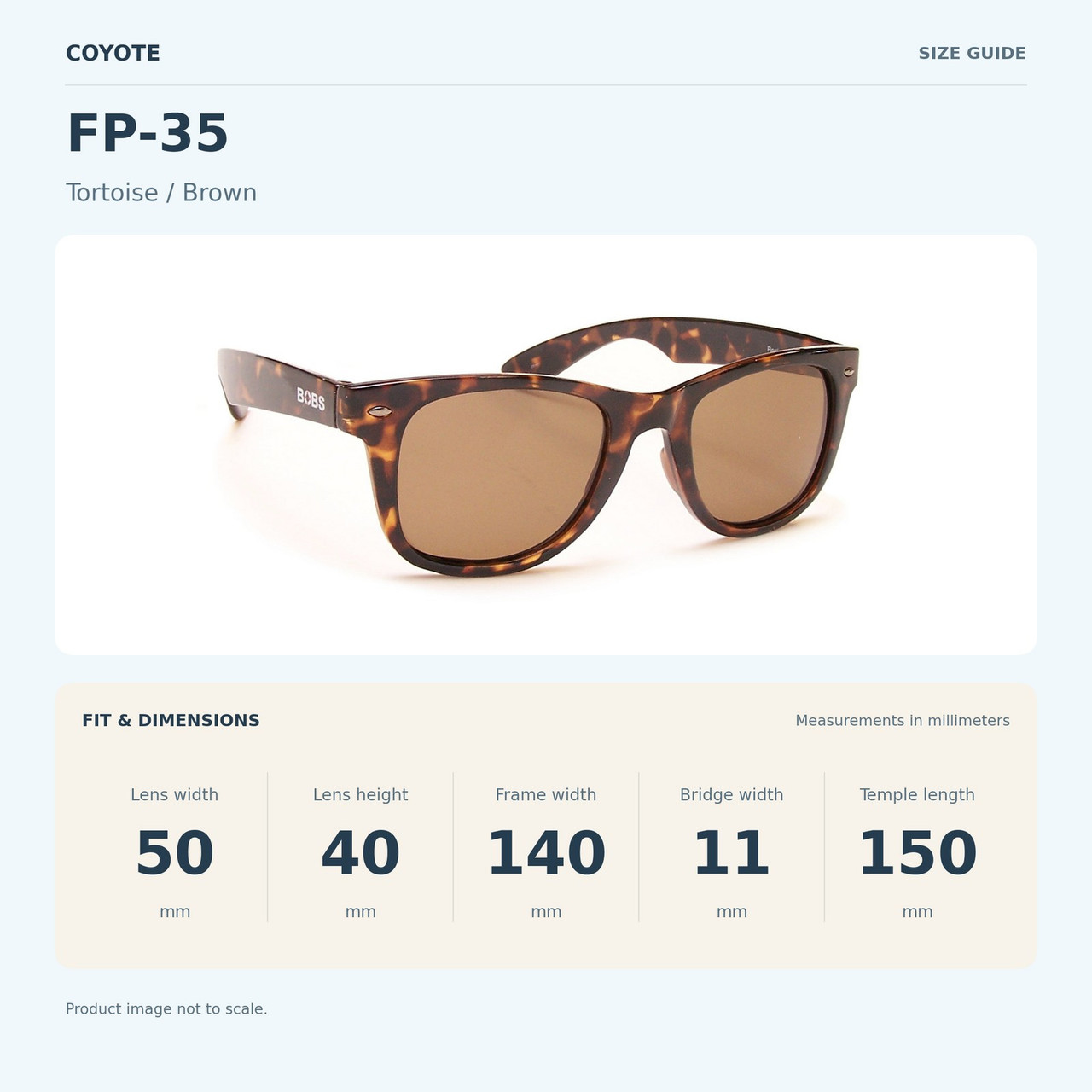 Coyote FP-35 Tortoise / Brown size guide: frame width 140 mm, lens height 40 mm, lens width 50 mm, bridge width 11 mm, temple length 150 mm.