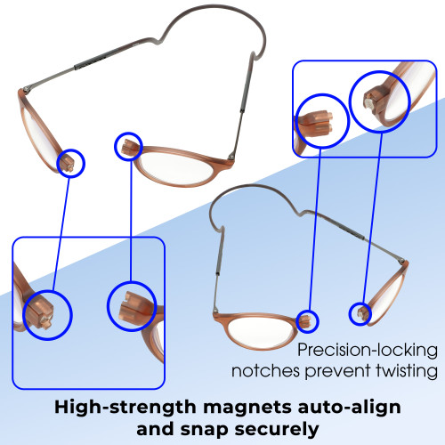 Functionality Illustration View of Calabria SP04 Snap Magnetic Reading Glasses Crystal Brown Adjustable Temples Eyeglass Around the Neck Hanging Readers