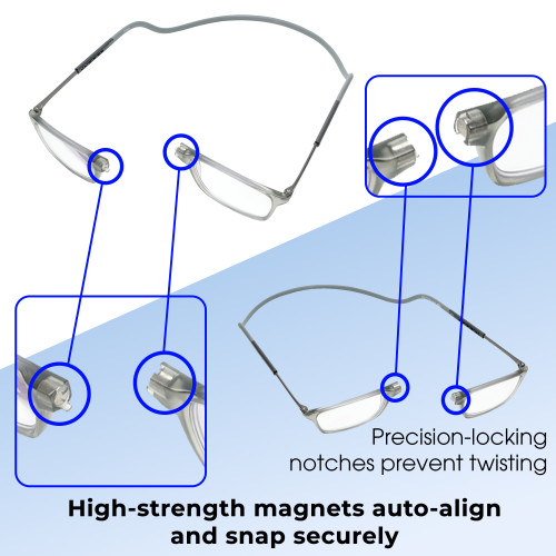 Functionality Illustration View of Calabria SP02 Snap Magnetic Reading Glasses Crystal Grey Front Connect Adjustable Temples Around Neck Hanging Readers