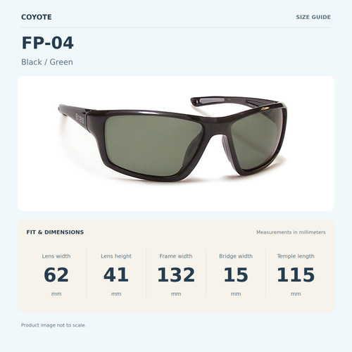 Coyote FP-04 Black / Green size guide: frame width 132 mm, lens height 41 mm, lens width 62 mm, bridge width 15 mm, temple length 115 mm.