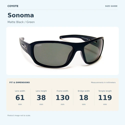 Coyote SONOMA Matte Black / Green size guide: frame width 130 mm, lens height 38 mm, lens width 61 mm, bridge width 18 mm, temple length 119 mm.
