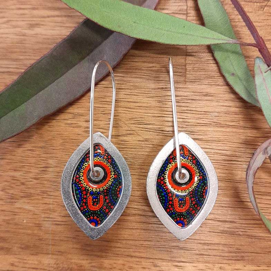 Loop style earrings featuring Aboriginal art designs by artist Kathleen Buzzacott