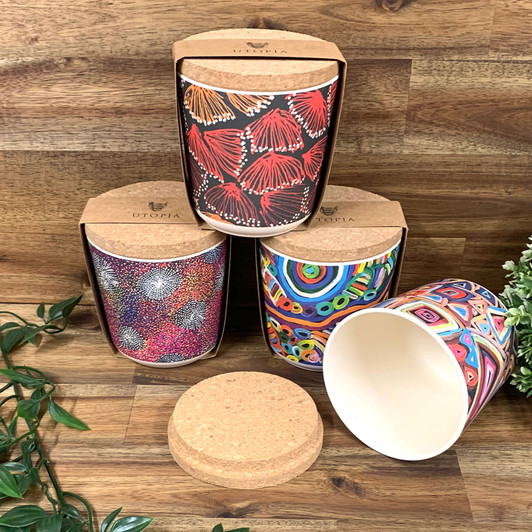 Bamboo kitchen canisters featuring Aboriginal designs