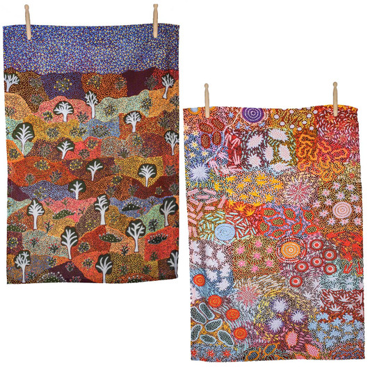 Cotton tea towels featuring gorgeous designs by Aboriginal artist from remote Australia