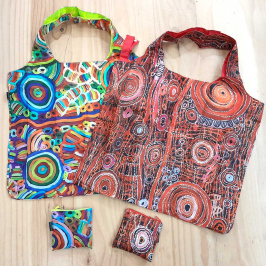 Reusable rPET shopping bags featuring Aboriginal designs