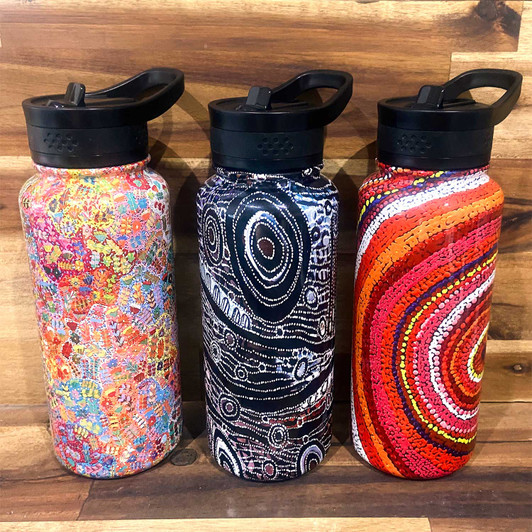 Stainless steel double walled water bottles featuring aboriginal designs