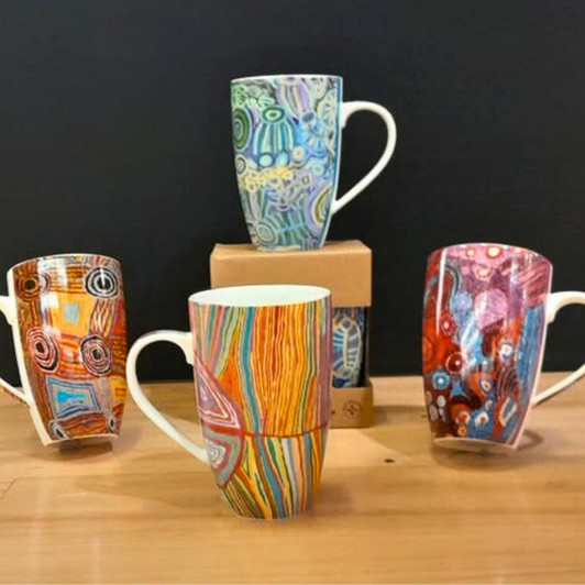 Bone China Mugs featuring authentic Aboriginal designs by Australian Indigenous artists
