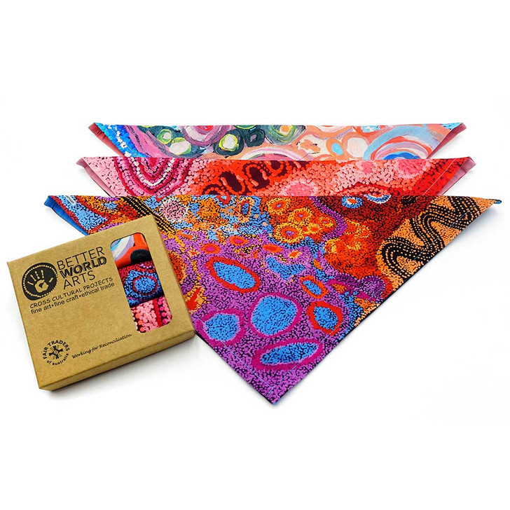 A set of 3 handkerchiefs featuring the designs of Australian Aboriginal artists